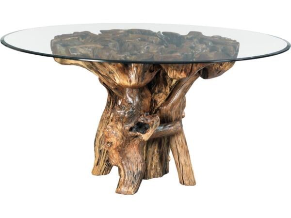 Rustic Root Ball Dining Table With Tempered Glass Top Dining Tables Hammary